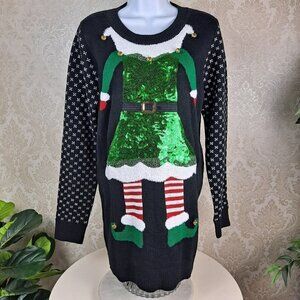 Poof Merry Christmas Size Large Elf Sweater Tunic/Dress Sequins EUC
